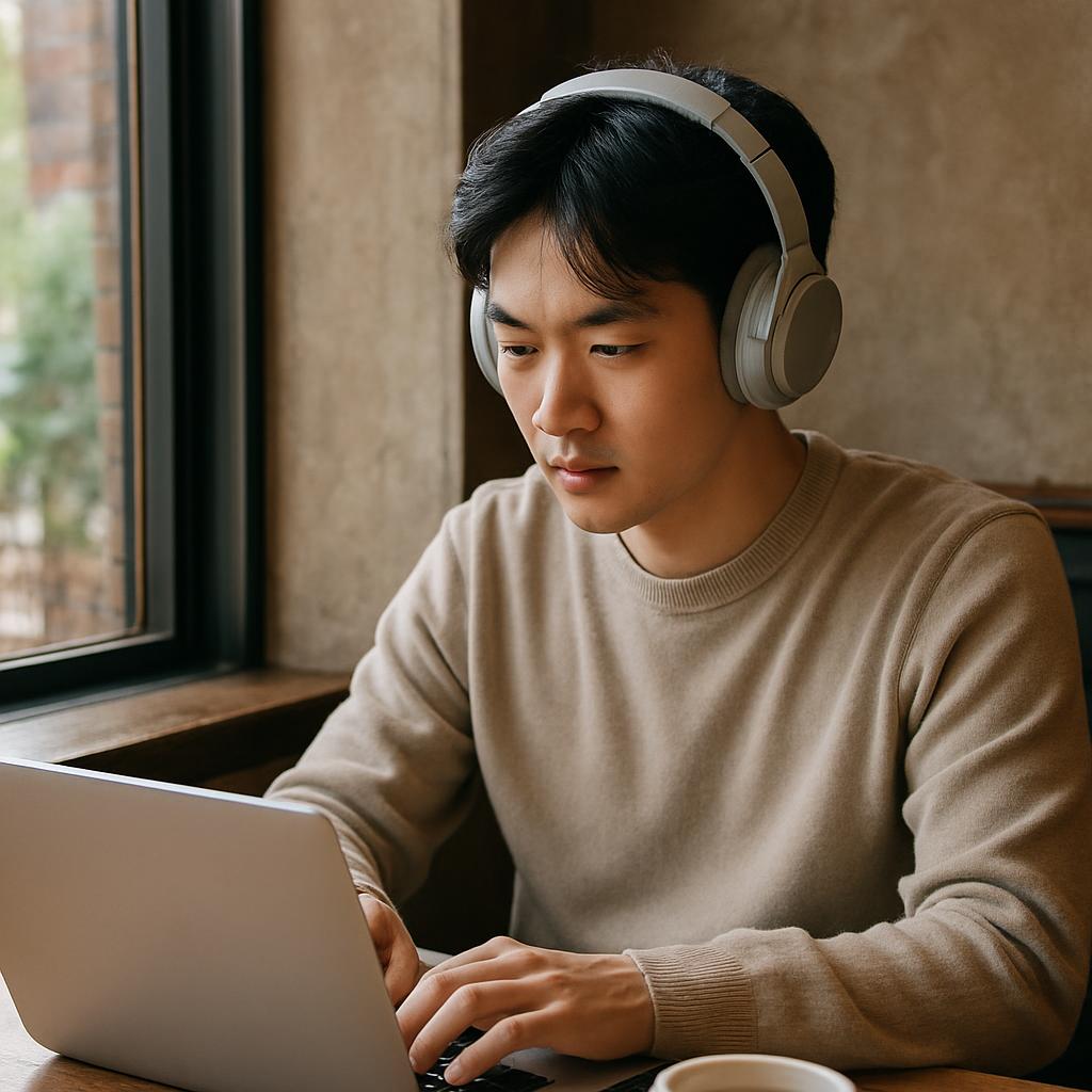 카페 창가에서 노이즈 캔슬링 헤드폰을 쓰고 집중하는 사람의 모습
