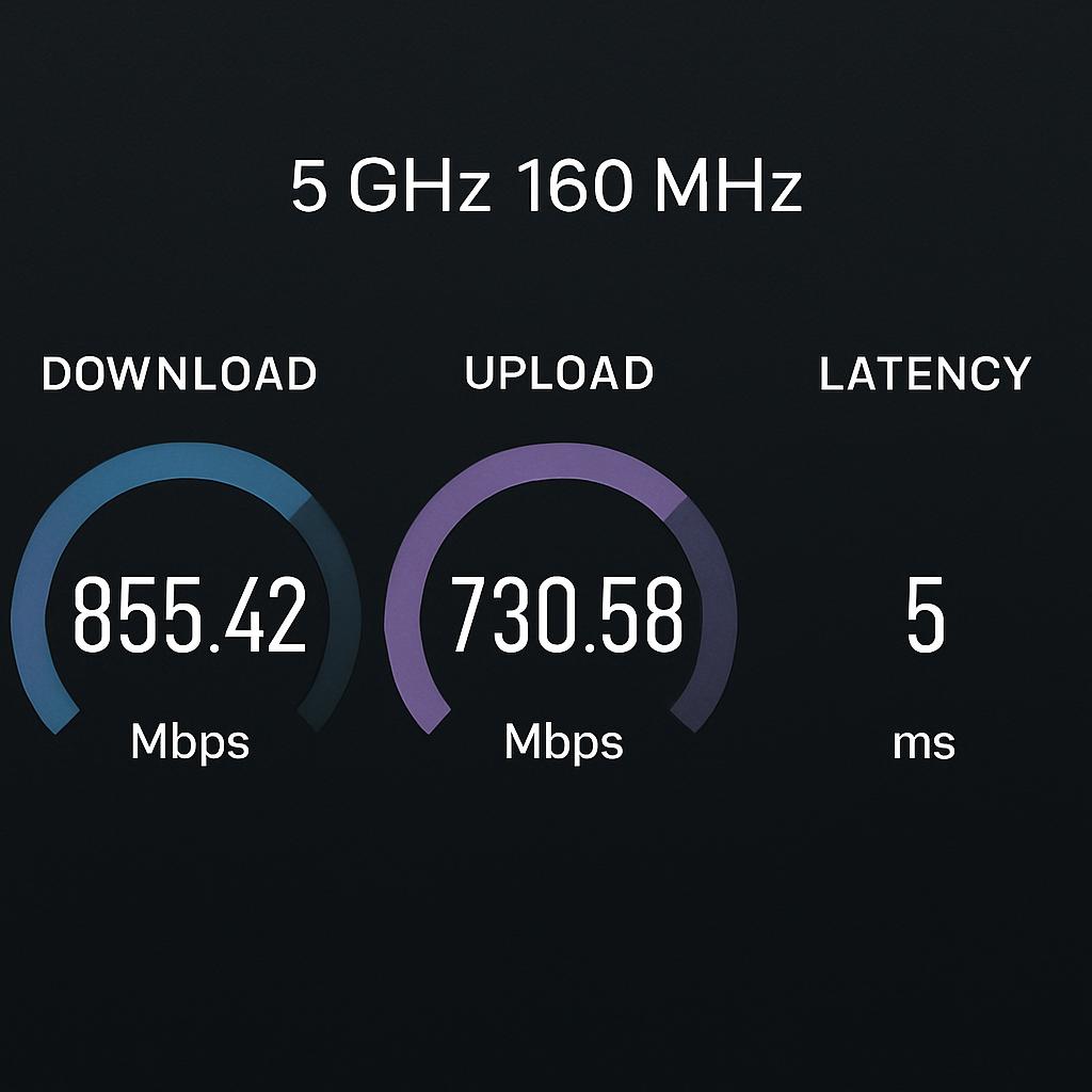 5GHz 160MHz 연결 속도 측정 화면(다운/업/지연)
